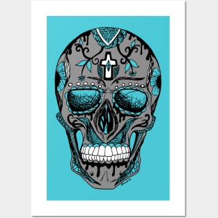 Blue Grey Los Muertos Skull Posters and Art